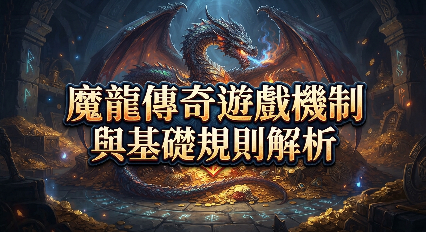 這是一張以「魔龍傳奇遊戲機制與基礎規則解析」為主題的奇幻風格插圖。 畫面中央有一隻巨大的魔龍盤踞在寶藏堆中,上方醒目地顯示著繁體中文標題。